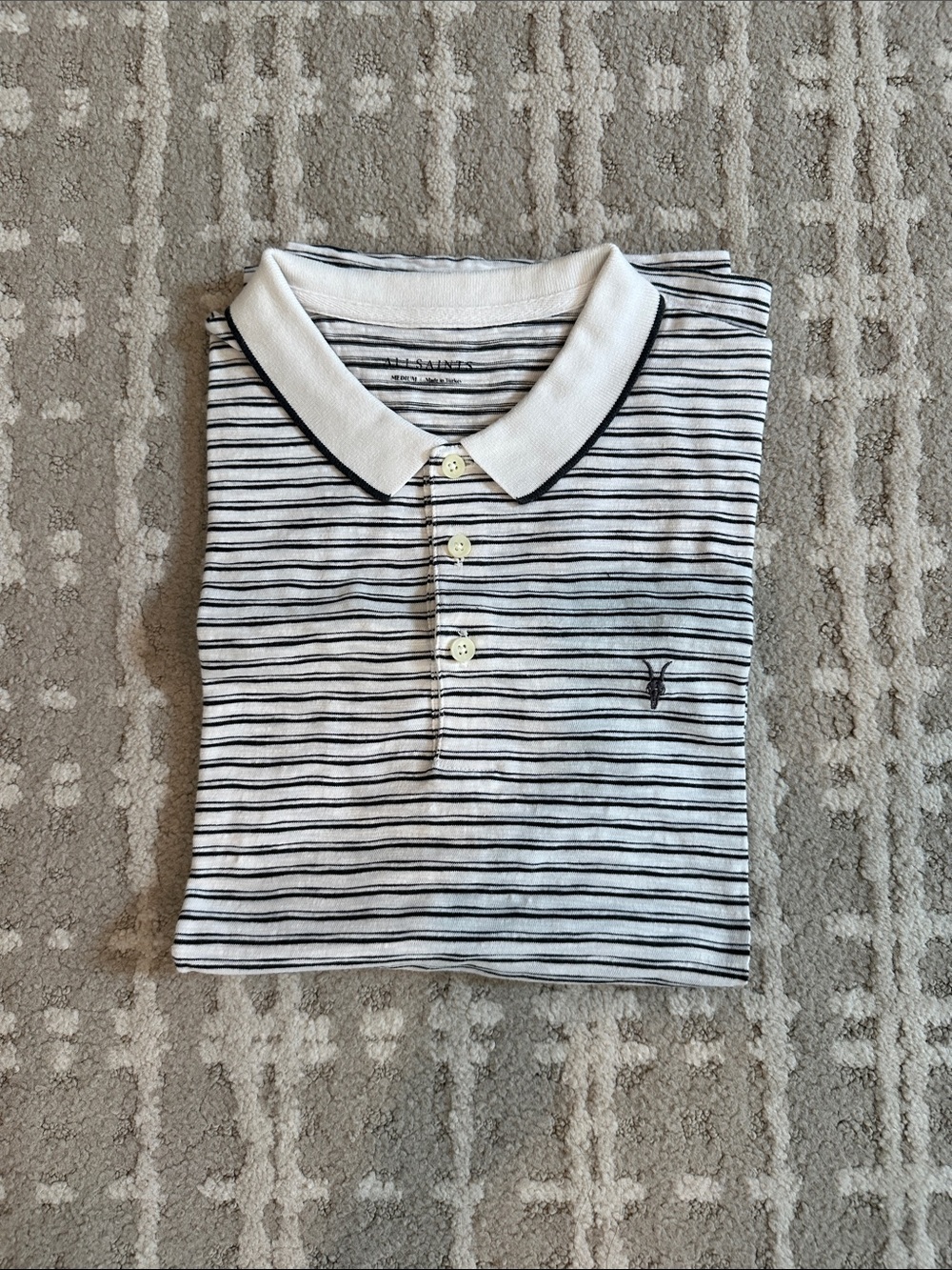 All Saints White Polo with Black Stripes